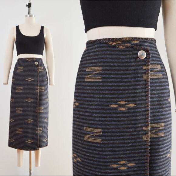 Ralph Lauren Dresses & Skirts - VTG Ralph Lauren Blue Gold Wrap Concho button Striped Skirt 8P